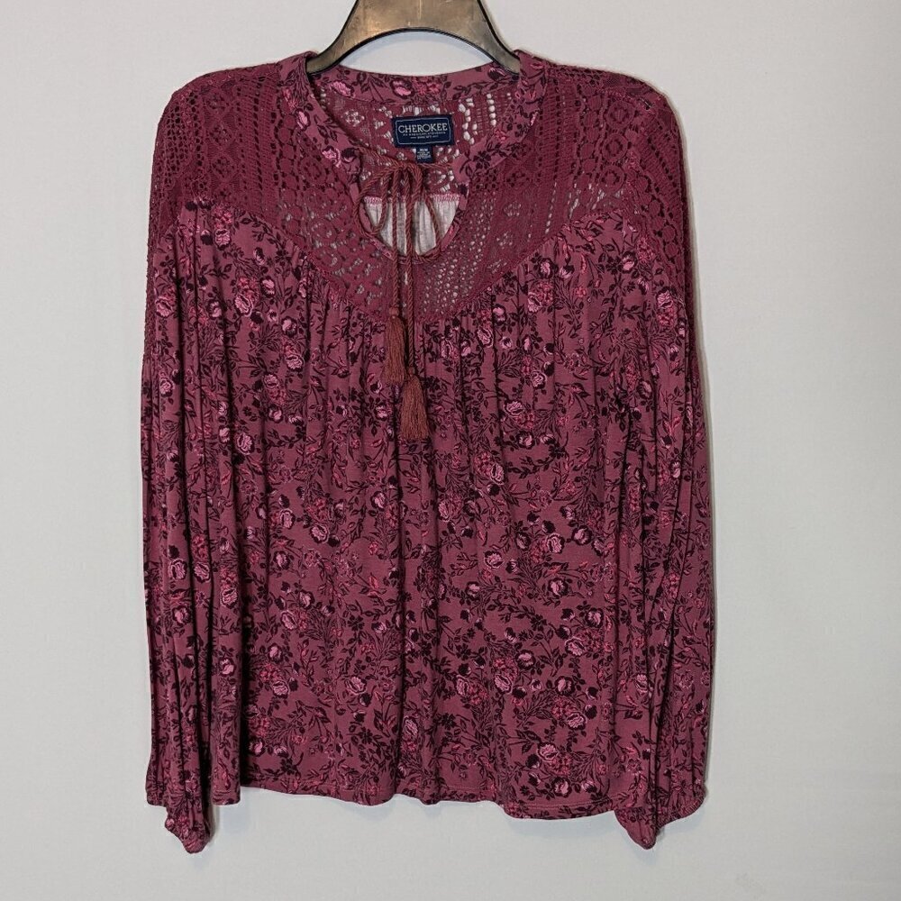 CHEROKEE, Rose Pink Long Sleeve Rayon w Lace Pullover Top Blouse; Size M